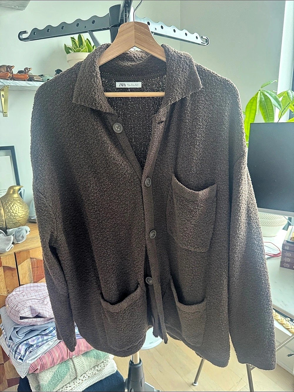 Zara Textured Button-Front Cardigan in Brown Like New